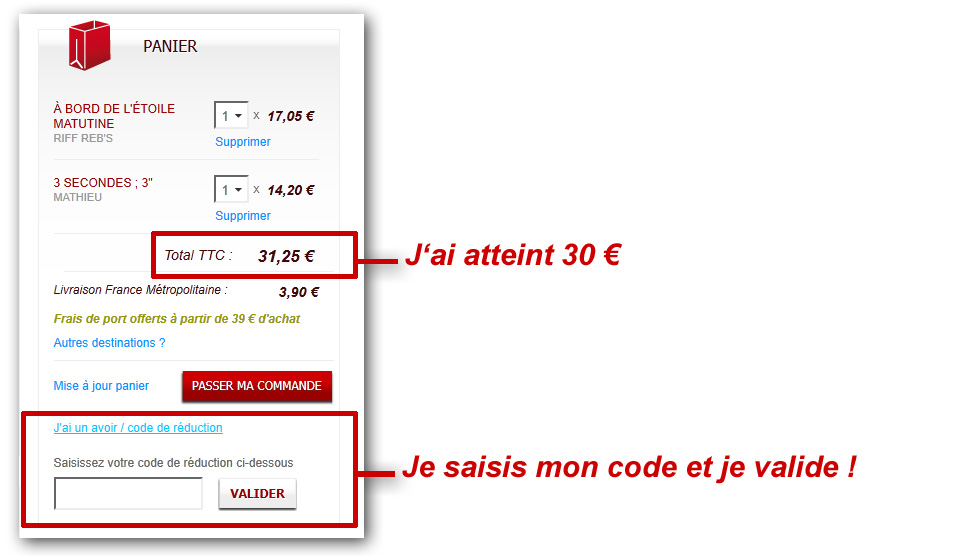 Avoir / code de réduction panier