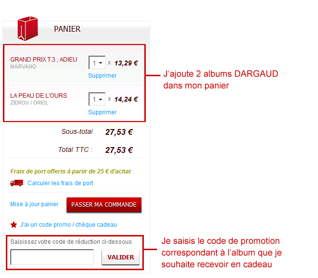 Avoir / code de réduction panier