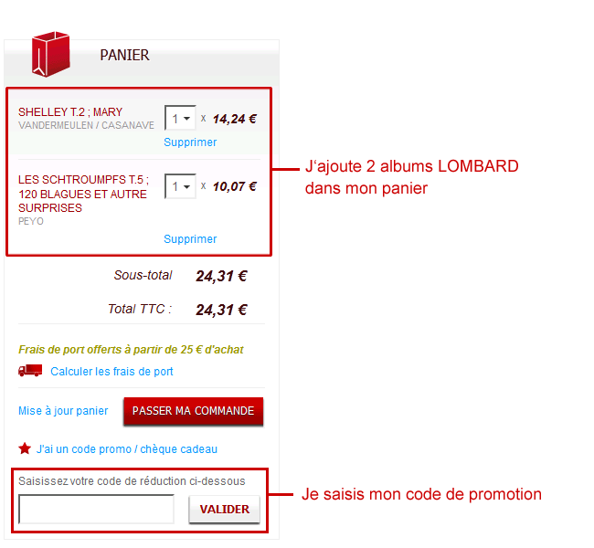Avoir / code de réduction panier