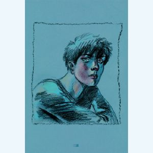 Affiche Louise, portrait sur fond bleu ; Juillard ; 20x30