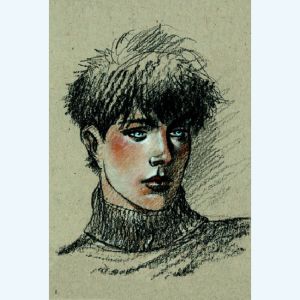 Affiche Louise, portrait sur fond beige ; Juillard ; 20x30