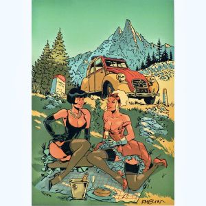 Affiche Mirabelle et Uma avec la 2cv ; Meynet ; Signée  ; 21x29,6