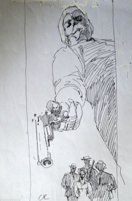 Dessin original de Rossi - Morton Chapel, recherche du 4eme de couverture tome 5 West - encre, papier, 29cmx21cm Dessin original de Rossi - Morton Chapel, recherche du 4eme de couverture tome 5 West - encre, papier, 29cmx21cm