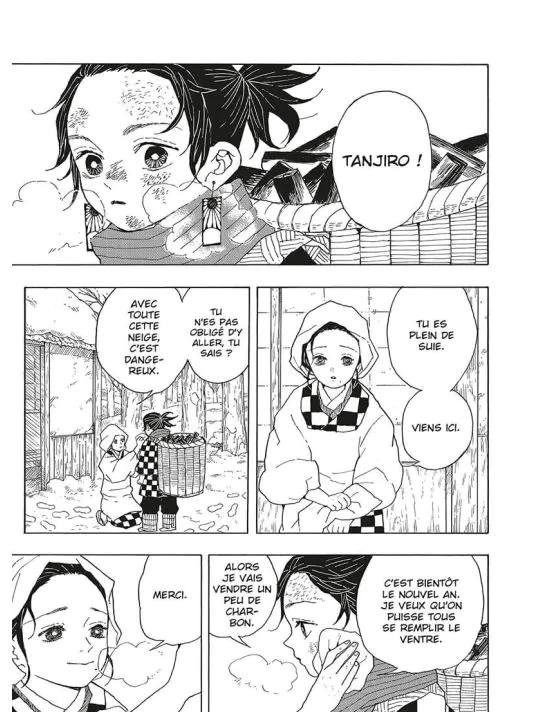Planche intérieure du tome 1 de Demon Slayer, scène familiale avant le départ de Tanjiro