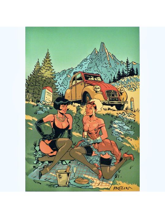 Affiche Mirabelle et Uma avec la 2cv ; Meynet ; Signée ; 21x29,6 main product photo